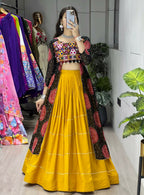 Yash Enterprise Mustard Black Rayon Cotton Embroidery Semi Stitched Navratri Chaniya Choli | Grocsy