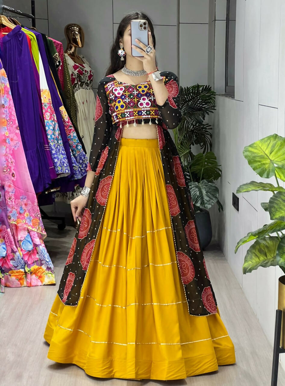 Yash Enterprise Mustard Black Rayon Cotton Embroidery Semi Stitched Navratri Chaniya Choli | Grocsy