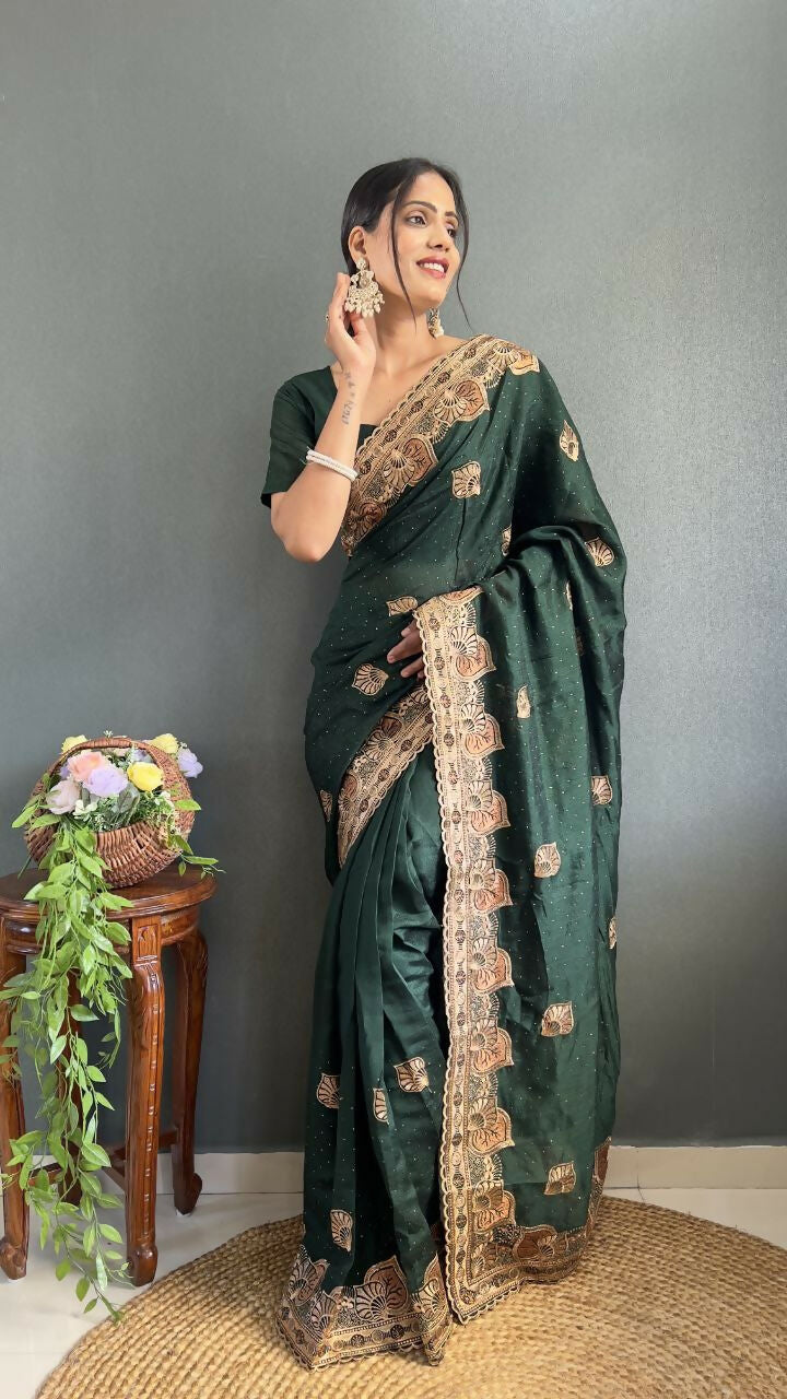 Vastranavya Green Vichitra Silk Zari with Swarovski Work Ready to Wear Saree | Grocsy