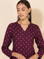 Janasya Women's Wine Rayon Floral Printed Casual Straight Co-ords | Grocsy