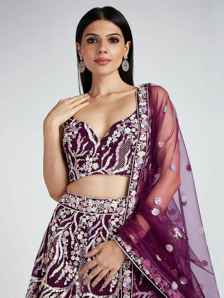 House of Panchhi Burgundy Net Sequins And Thread Embroidery Lehenga Choli & Dupatta | Grocsy