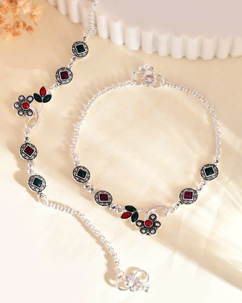 VOJ Set of 2 Traditional Multi Color Stone Studded Designer Anklet | Grocsy
