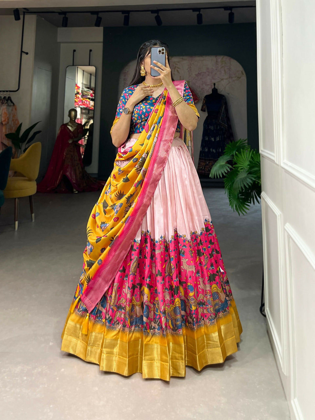 Vastranavya Kalamkari Print With Weaving Border Lehenga with Unstitched Blouse - Pink | Grocsy
