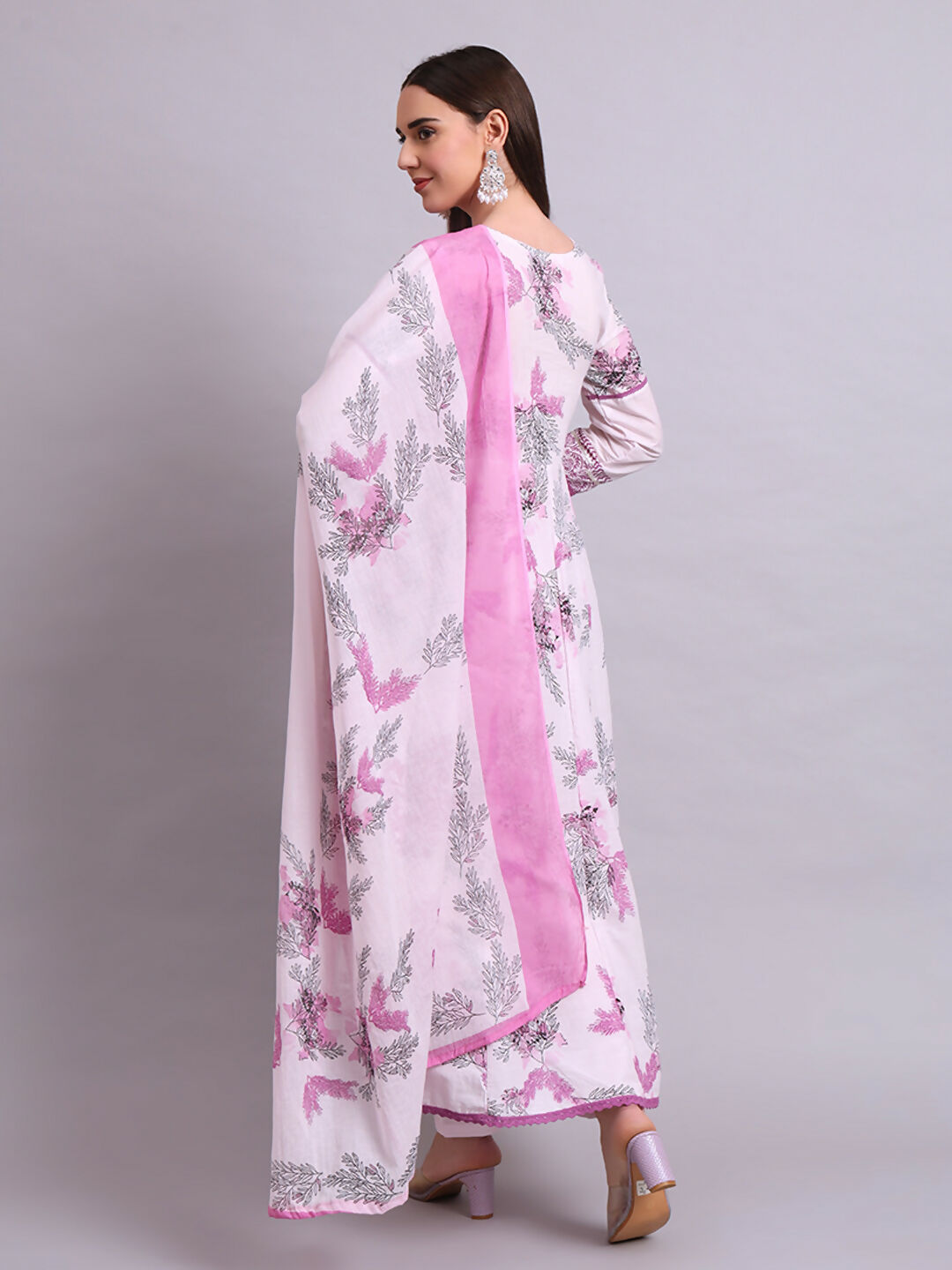 Joban Fashion Pink Cotton Floral Printed & Embroidery Work Anarkali Kurta With Trousers & Dupatta Set | Grocsy