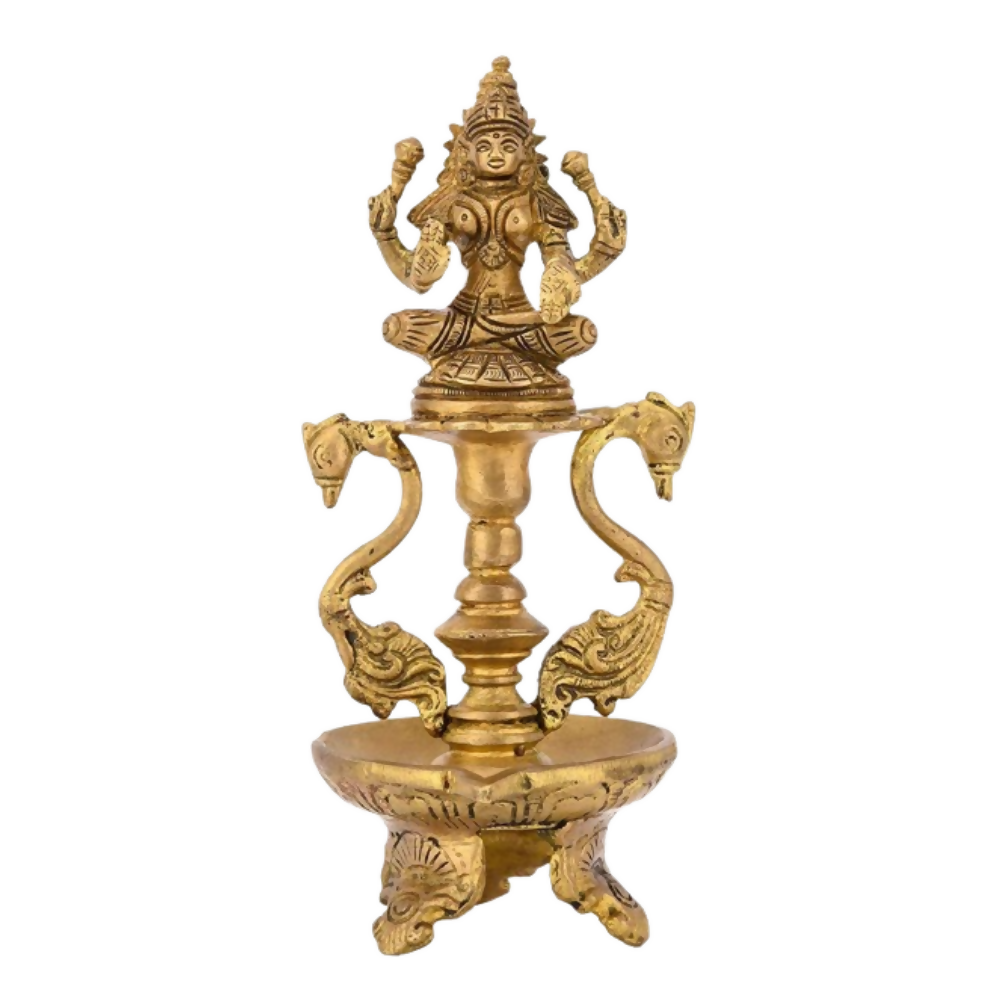 CraftVatika Brass Antique Laxmi Diya Oil Lamp Statue Lakshmi Peacock Puja Dia Table Diya Brass Table Diya | Grocsy
