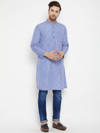 Even Apparels Blue Color Pure Cotton Long Men's Kurta With Band Collar | Grocsy