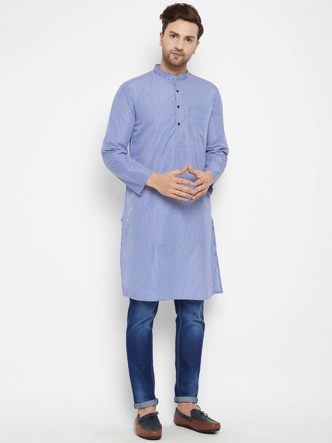 Even Apparels Blue Color Pure Cotton Long Men's Kurta With Band Collar | Grocsy