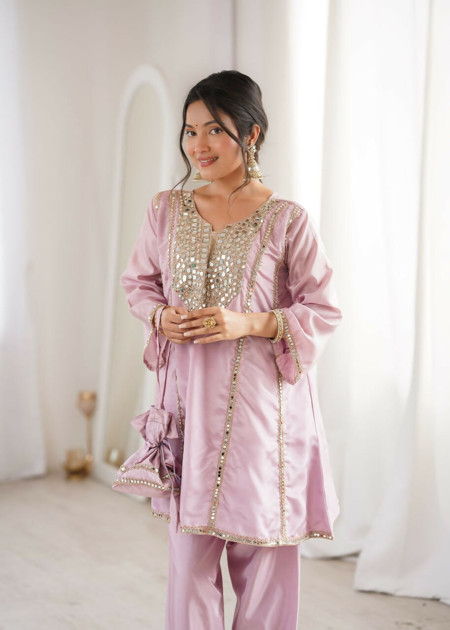 Teeya Creation Womens New Wedding Wear Pink Color With Mirror & Lace Work Kurta Pant Set | Grocsy