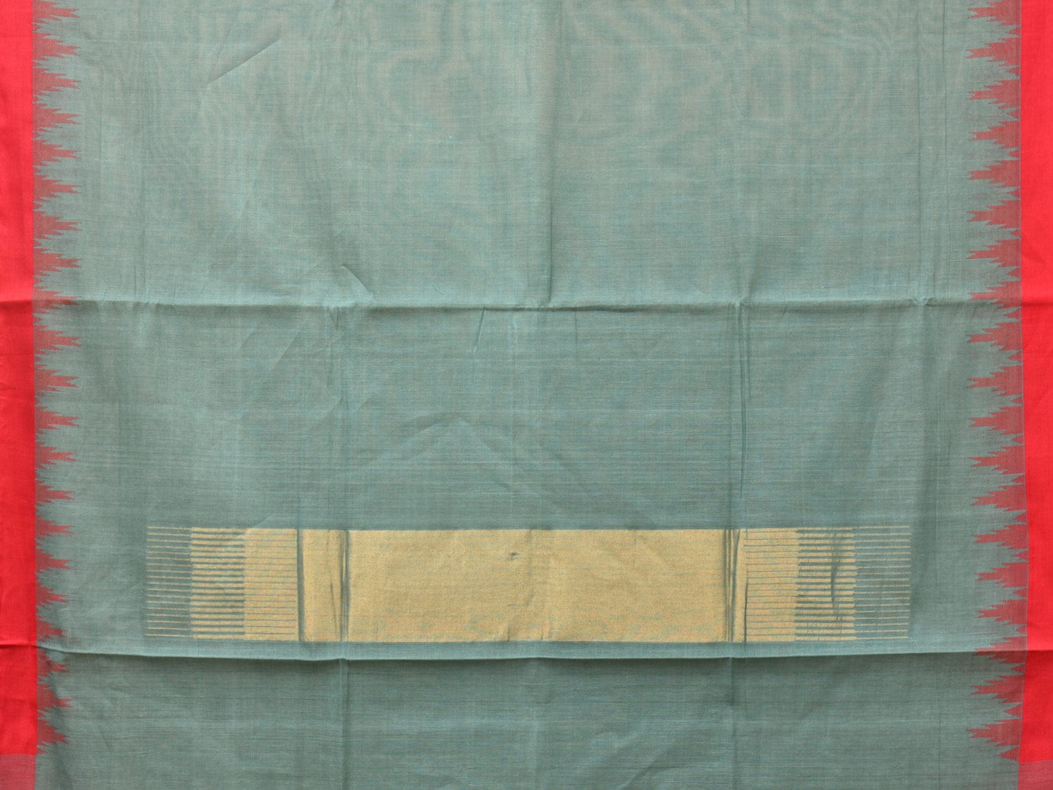 Sea Blue Khadi Cotton Handloom Plain Saree with Temple Border Design - Global Threads | Grocsy