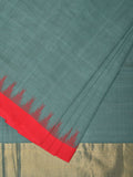Sea Blue Khadi Cotton Handloom Plain Saree with Temple Border Design - Global Threads | Grocsy