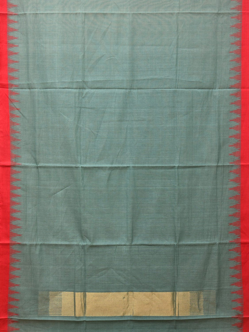 Sea Blue Khadi Cotton Handloom Plain Saree with Temple Border Design - Global Threads | Grocsy