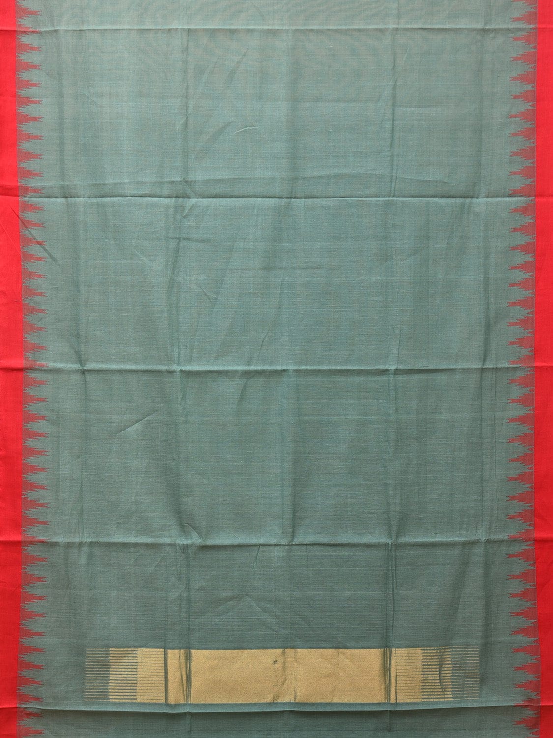 Sea Blue Khadi Cotton Handloom Plain Saree with Temple Border Design - Global Threads | Grocsy