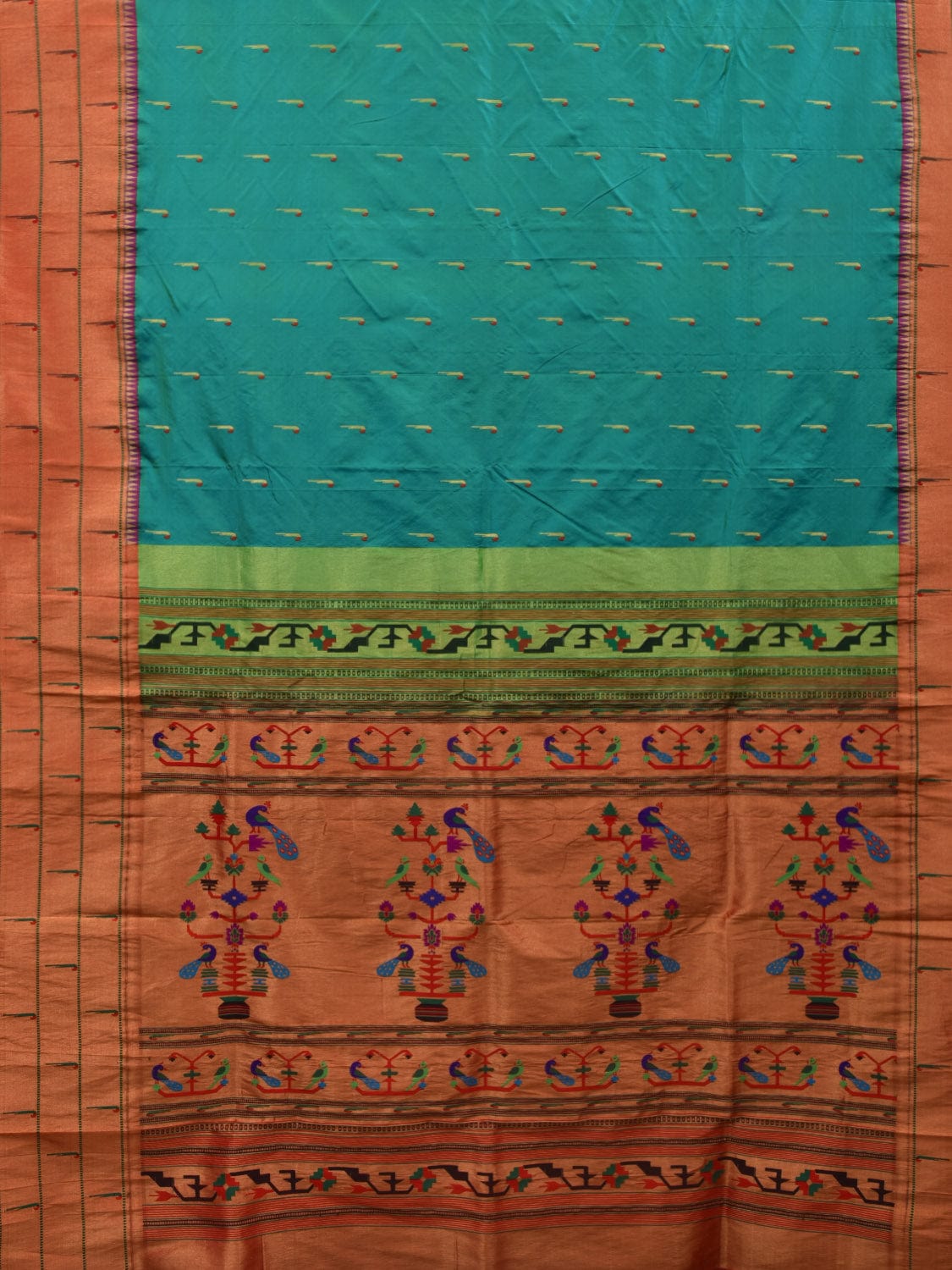 Sea Blue Paithani Silk Handloom Saree with Triple Muniya Border Design - Global Threads | Grocsy