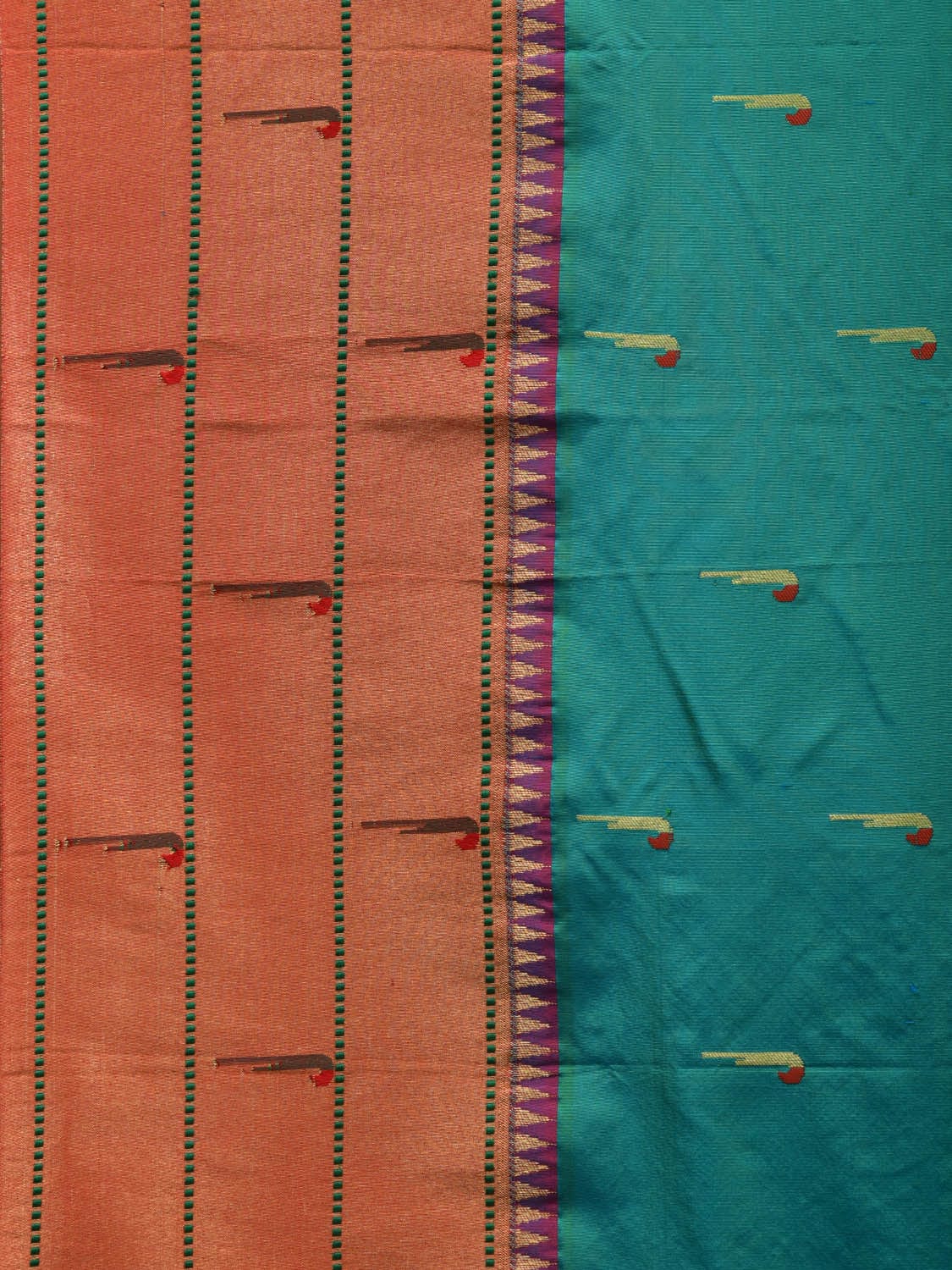 Sea Blue Paithani Silk Handloom Saree with Triple Muniya Border Design - Global Threads | Grocsy