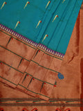 Sea Blue Paithani Silk Handloom Saree with Triple Muniya Border Design - Global Threads | Grocsy