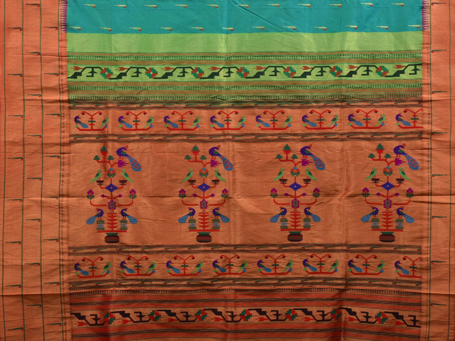Sea Blue Paithani Silk Handloom Saree with Triple Muniya Border Design - Global Threads | Grocsy