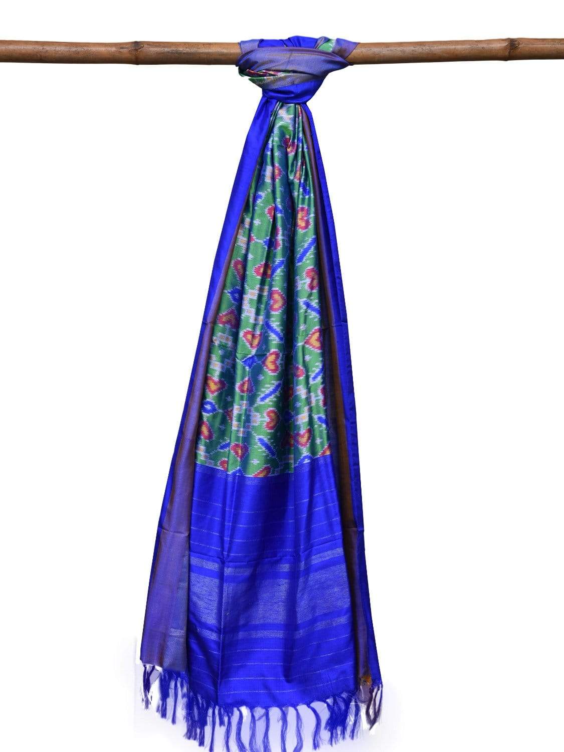 Sea Green and Blue Pochampally Ikat Silk Handloom Dupatta with All Over Design - Global Threads | Grocsy