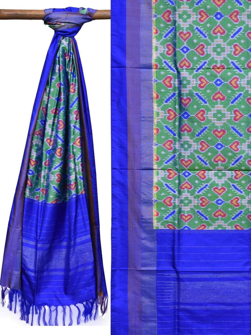 Sea Green and Blue Pochampally Ikat Silk Handloom Dupatta with All Over Design - Global Threads | Grocsy