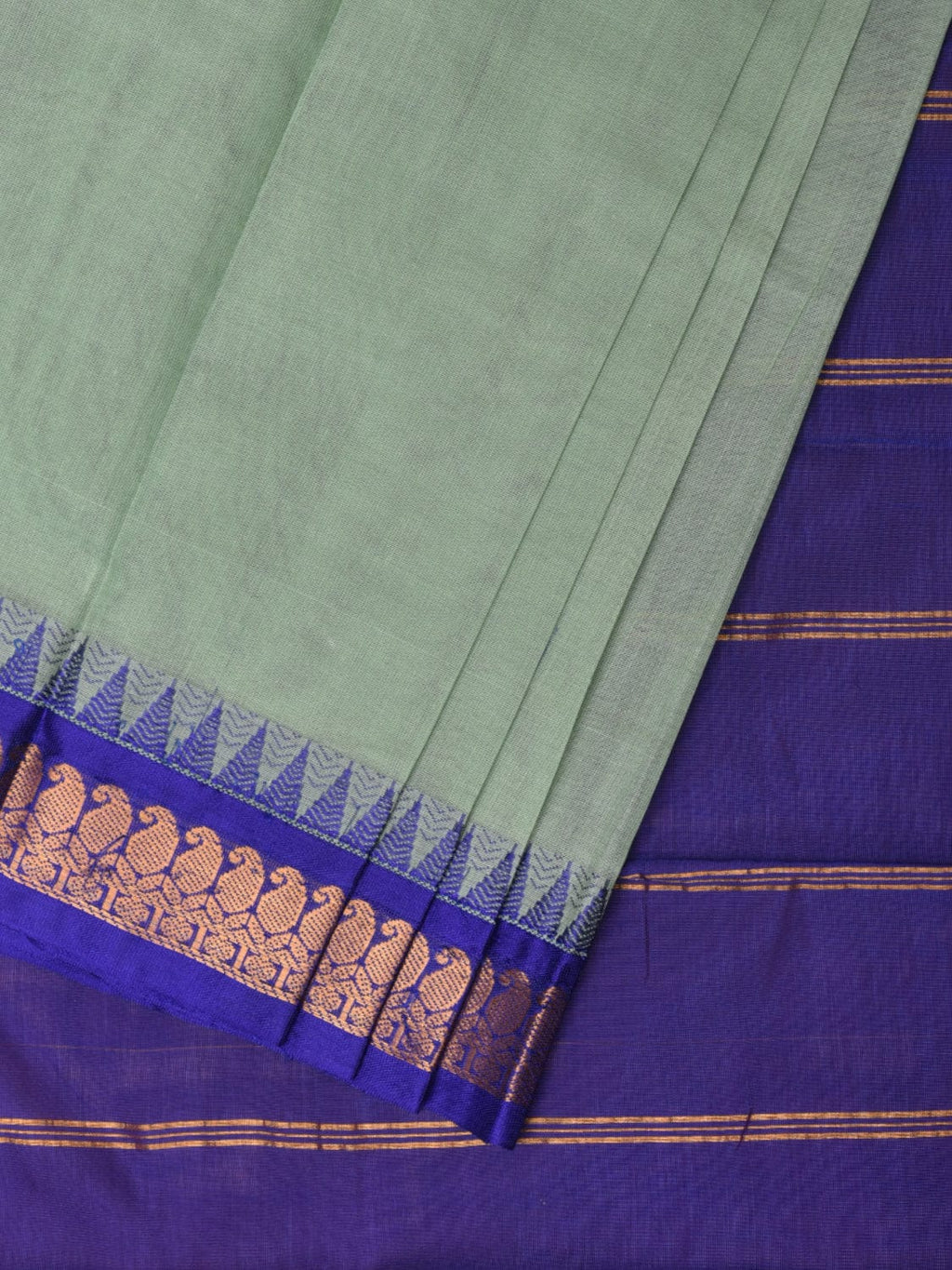Sea Green and Dark Blue Gadwal Cotton Plain Saree with Small Border Design No Blouse - Global Threads | Grocsy