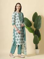 Yufta Sea Green And White Cotton Cutdana Work Kurta Set With Pant & Dupatta | Grocsy