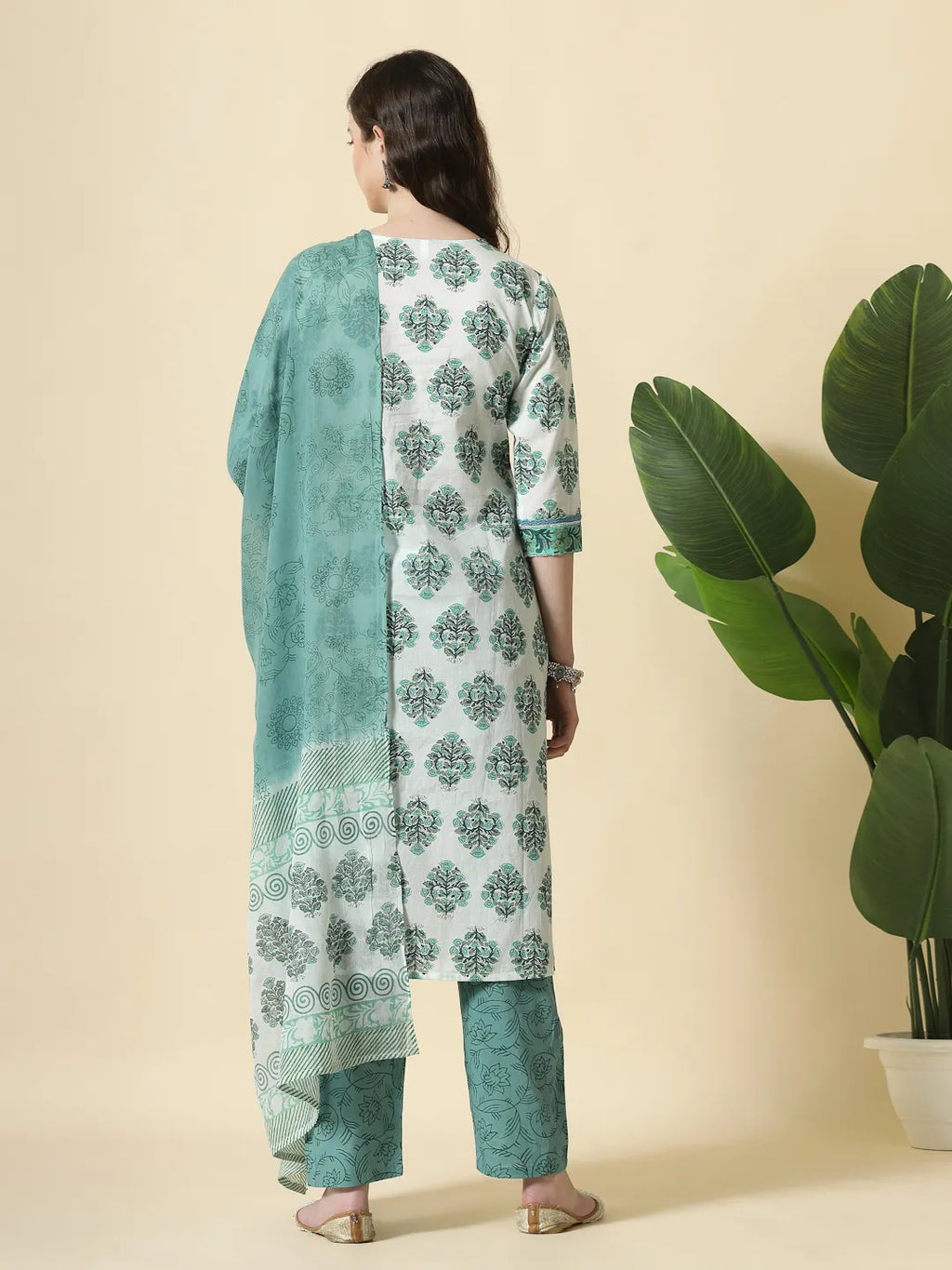 Yufta Sea Green And White Cotton Cutdana Work Kurta Set With Pant & Dupatta | Grocsy