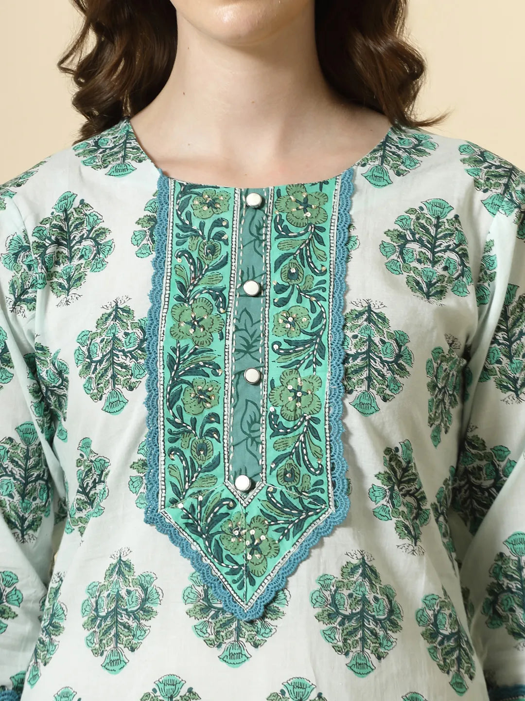 Yufta Sea Green And White Cotton Cutdana Work Kurta Set With Pant & Dupatta | Grocsy