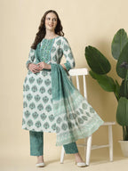 Yufta Sea Green And White Cotton Cutdana Work Kurta Set With Pant & Dupatta | Grocsy