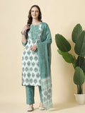 Yufta Sea Green And White Cotton Cutdana Work Kurta Set With Pant & Dupatta | Grocsy