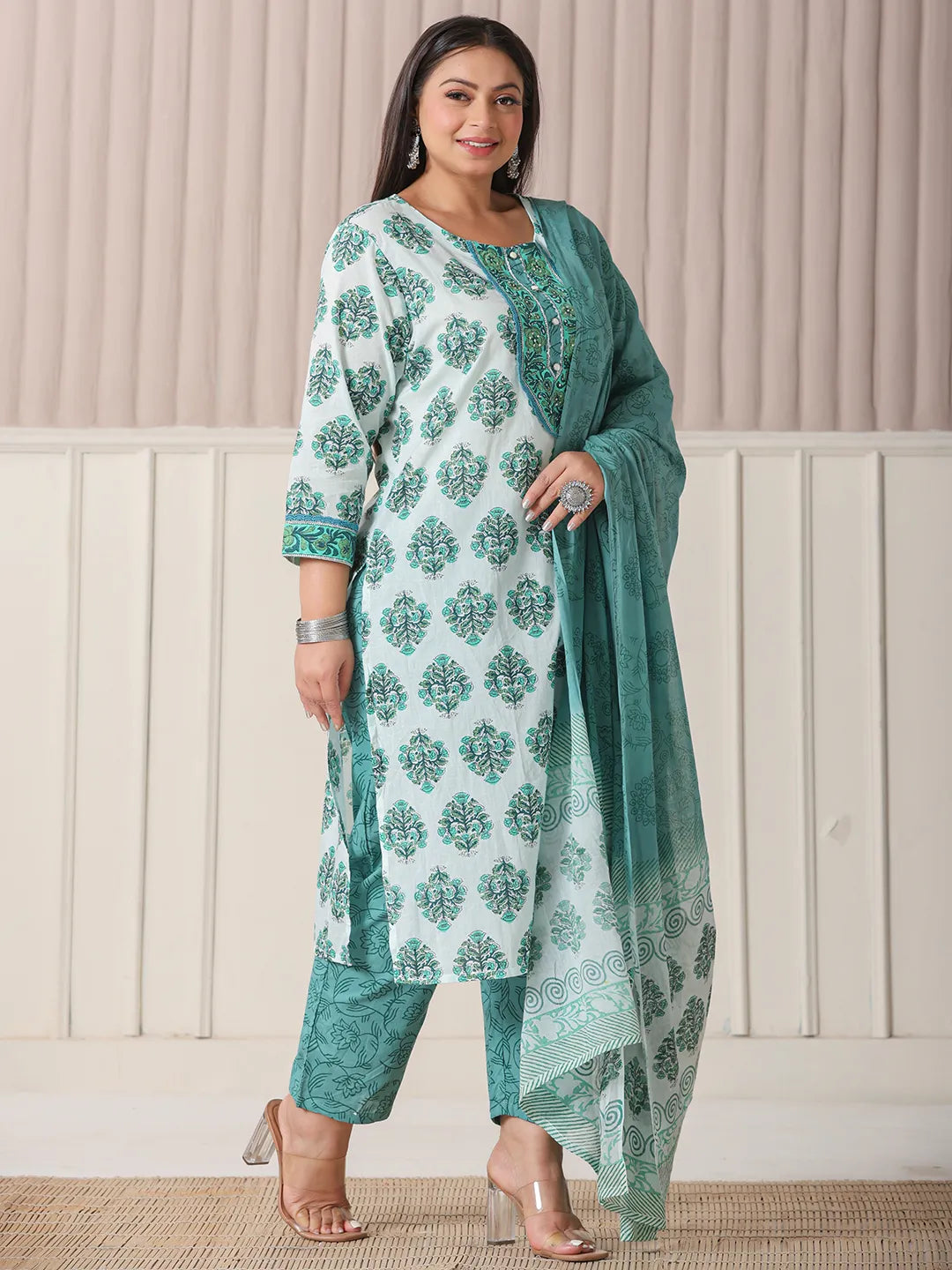 Yufta Sea Green And White Cotton Cutdana Work Plus Size Kurta Set With Pant & Dupatta | Grocsy