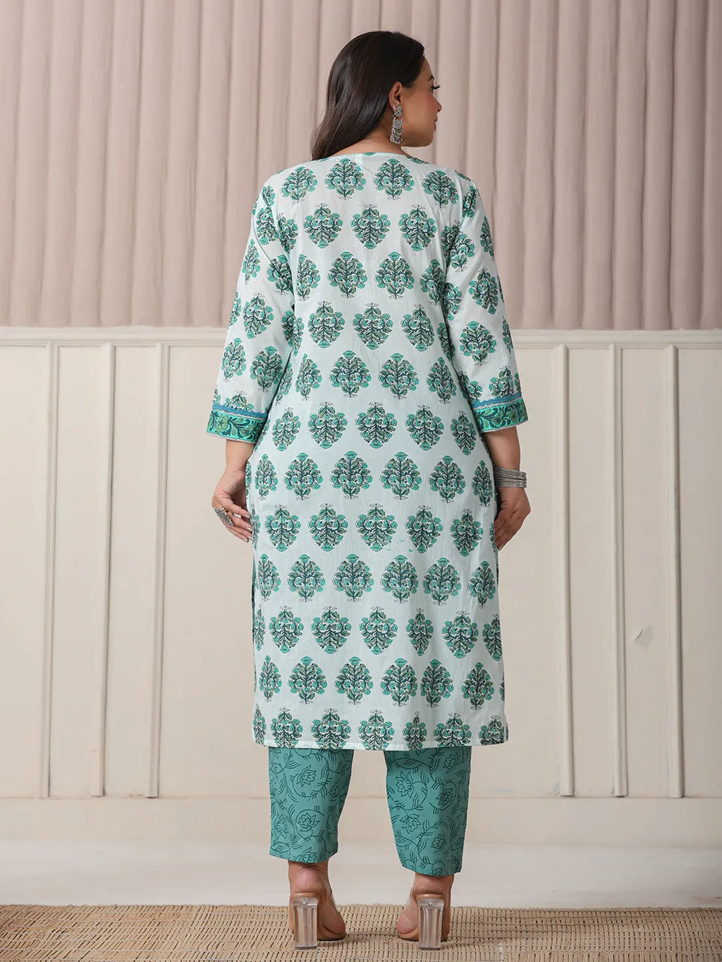 Yufta Sea Green And White Cotton Cutdana Work Plus Size Kurta Set With Pant & Dupatta | Grocsy