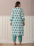 Yufta Sea Green And White Cotton Cutdana Work Plus Size Kurta Set With Pant & Dupatta | Grocsy