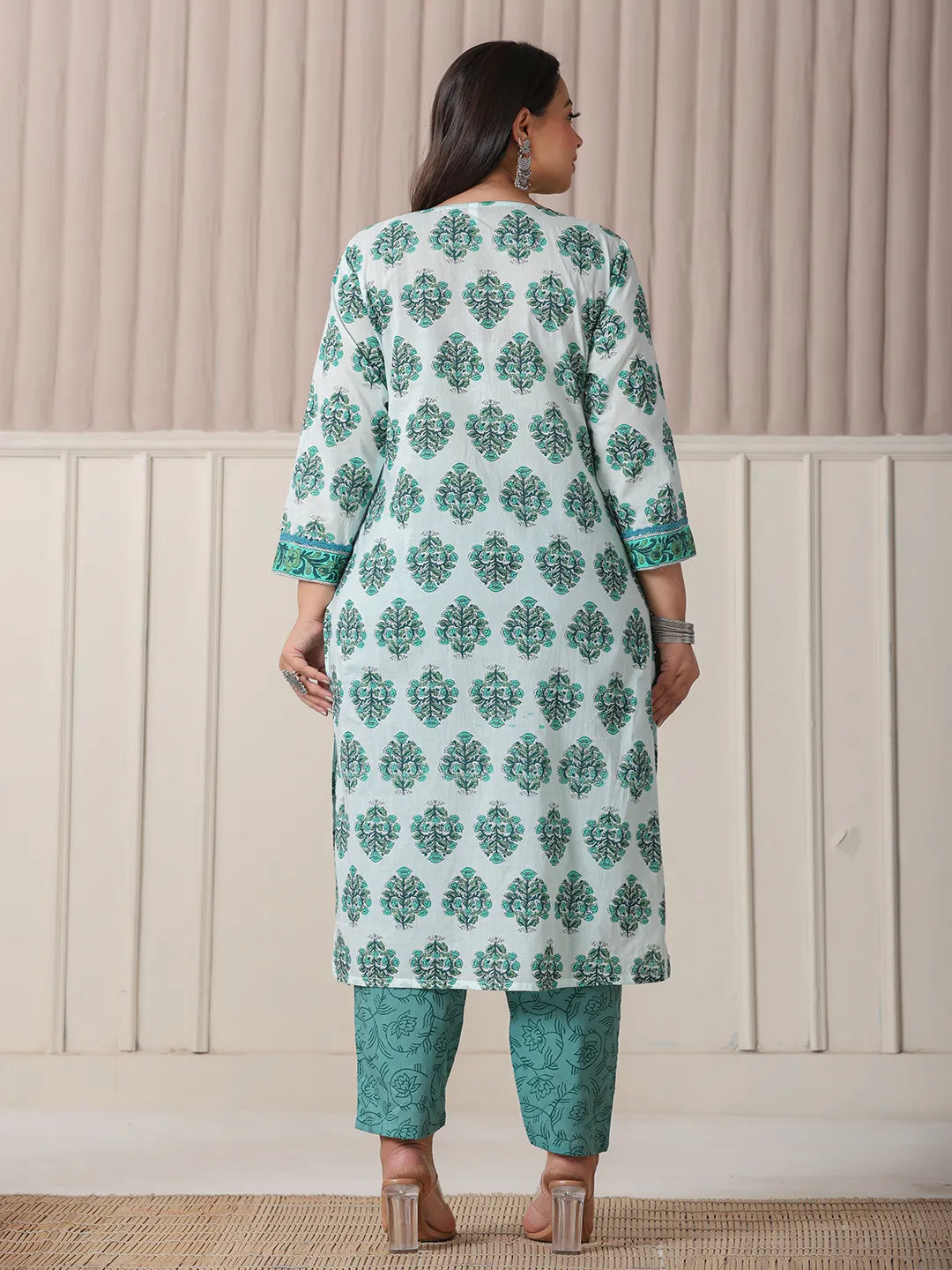 Yufta Sea Green And White Cotton Cutdana Work Plus Size Kurta Set With Pant & Dupatta | Grocsy