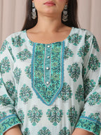 Yufta Sea Green And White Cotton Cutdana Work Plus Size Kurta Set With Pant & Dupatta | Grocsy