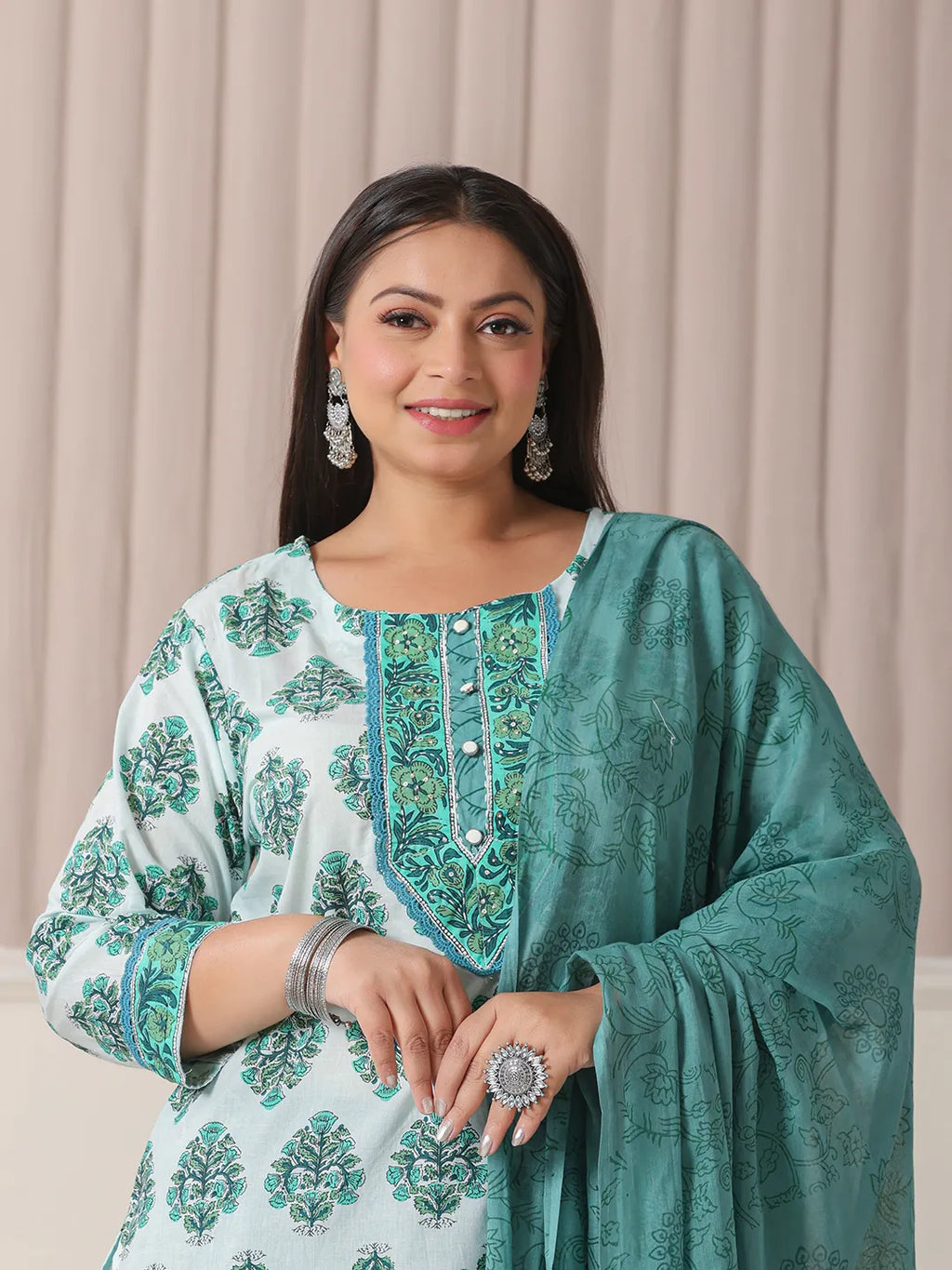 Yufta Sea Green And White Cotton Cutdana Work Plus Size Kurta Set With Pant & Dupatta | Grocsy