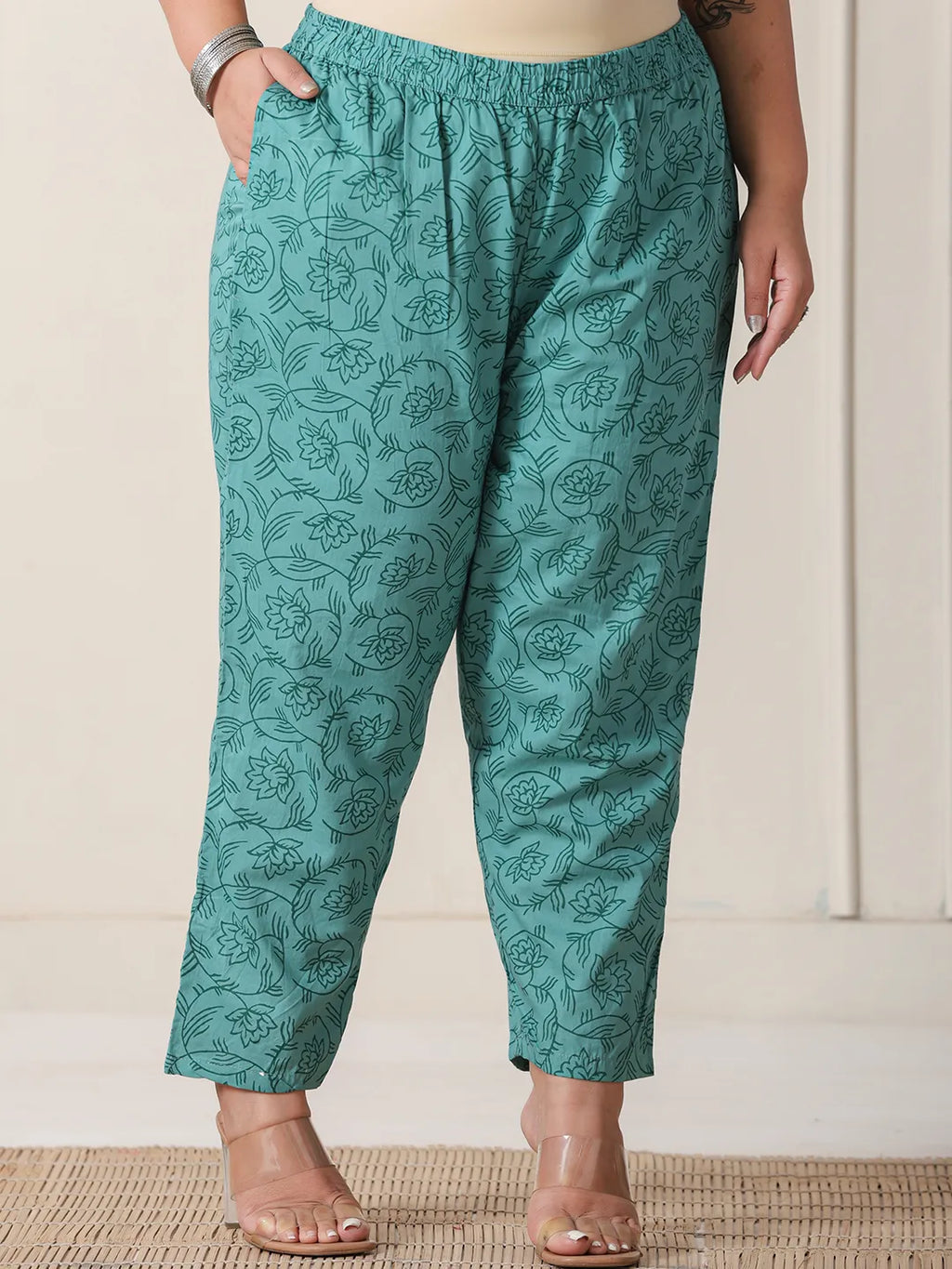 Yufta Sea Green And White Cotton Cutdana Work Plus Size Kurta Set With Pant & Dupatta | Grocsy