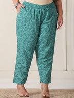 Yufta Sea Green And White Cotton Cutdana Work Plus Size Kurta Set With Pant & Dupatta | Grocsy
