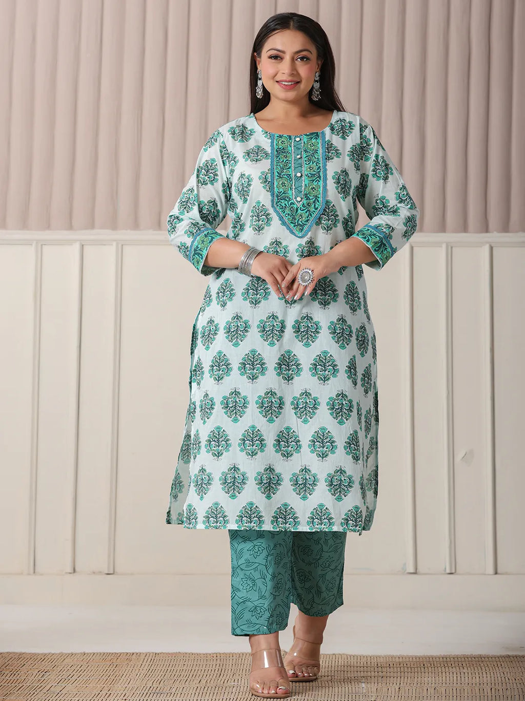 Yufta Sea Green And White Cotton Cutdana Work Plus Size Kurta Set With Pant & Dupatta | Grocsy