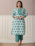 Yufta Sea Green And White Cotton Cutdana Work Plus Size Kurta Set With Pant & Dupatta | Grocsy
