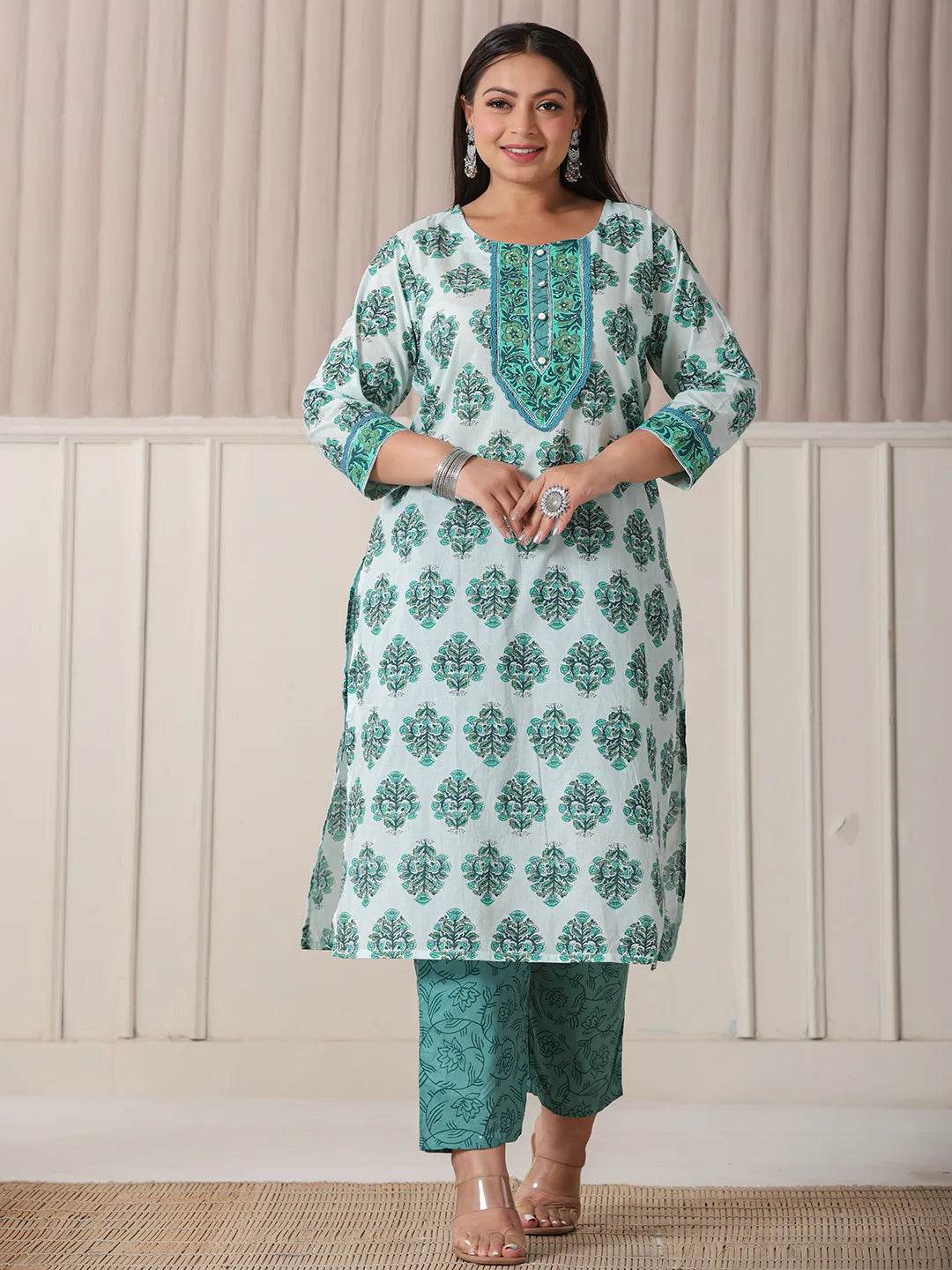 Yufta Sea Green And White Cotton Cutdana Work Plus Size Kurta Set With Pant & Dupatta | Grocsy