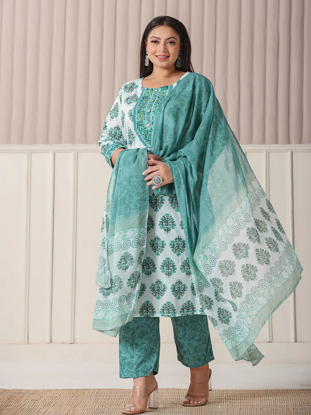 Yufta Sea Green And White Cotton Cutdana Work Plus Size Kurta Set With Pant & Dupatta | Grocsy