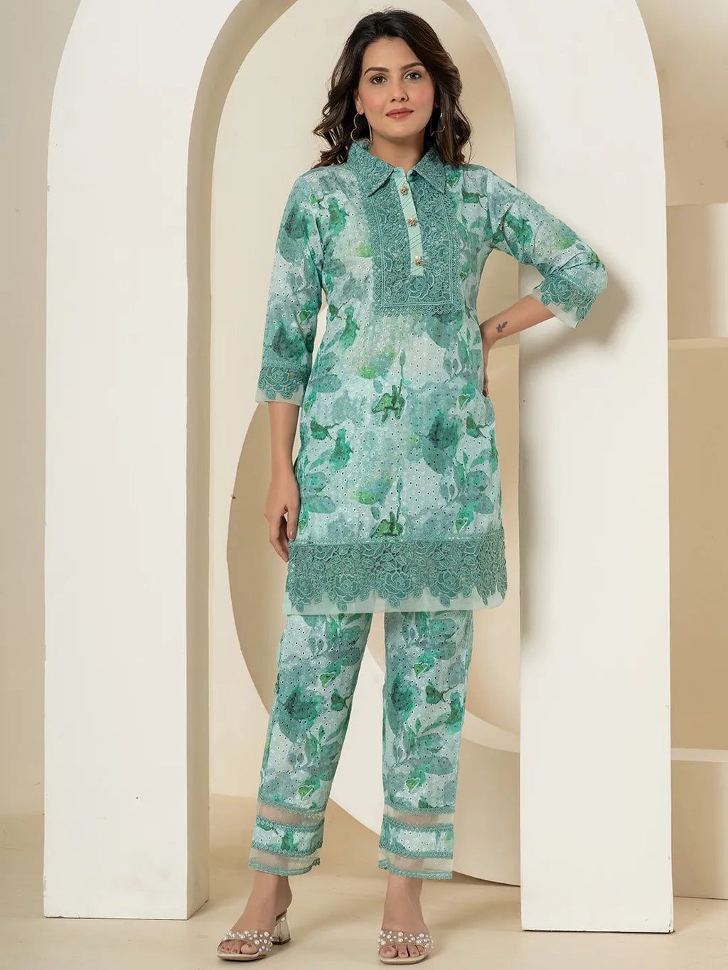 Yufta Sea Green Cotton Schiffli Co-Ord Set With Lace Detailing | Grocsy