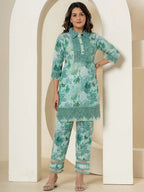 Yufta Sea Green Cotton Schiffli Co-Ord Set With Lace Detailing | Grocsy