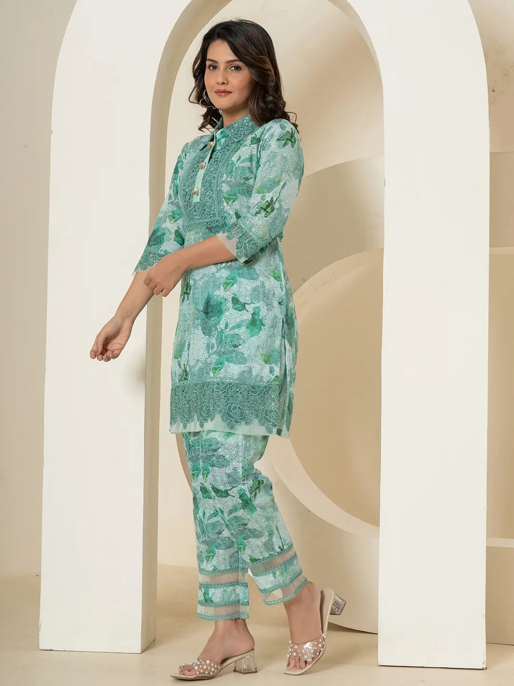 Yufta Sea Green Cotton Schiffli Co-Ord Set With Lace Detailing | Grocsy