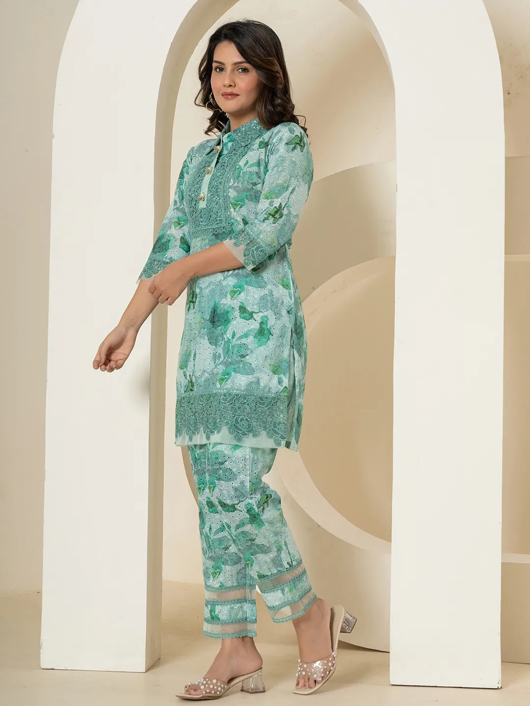 Yufta Sea Green Cotton Schiffli Co-Ord Set With Lace Detailing | Grocsy