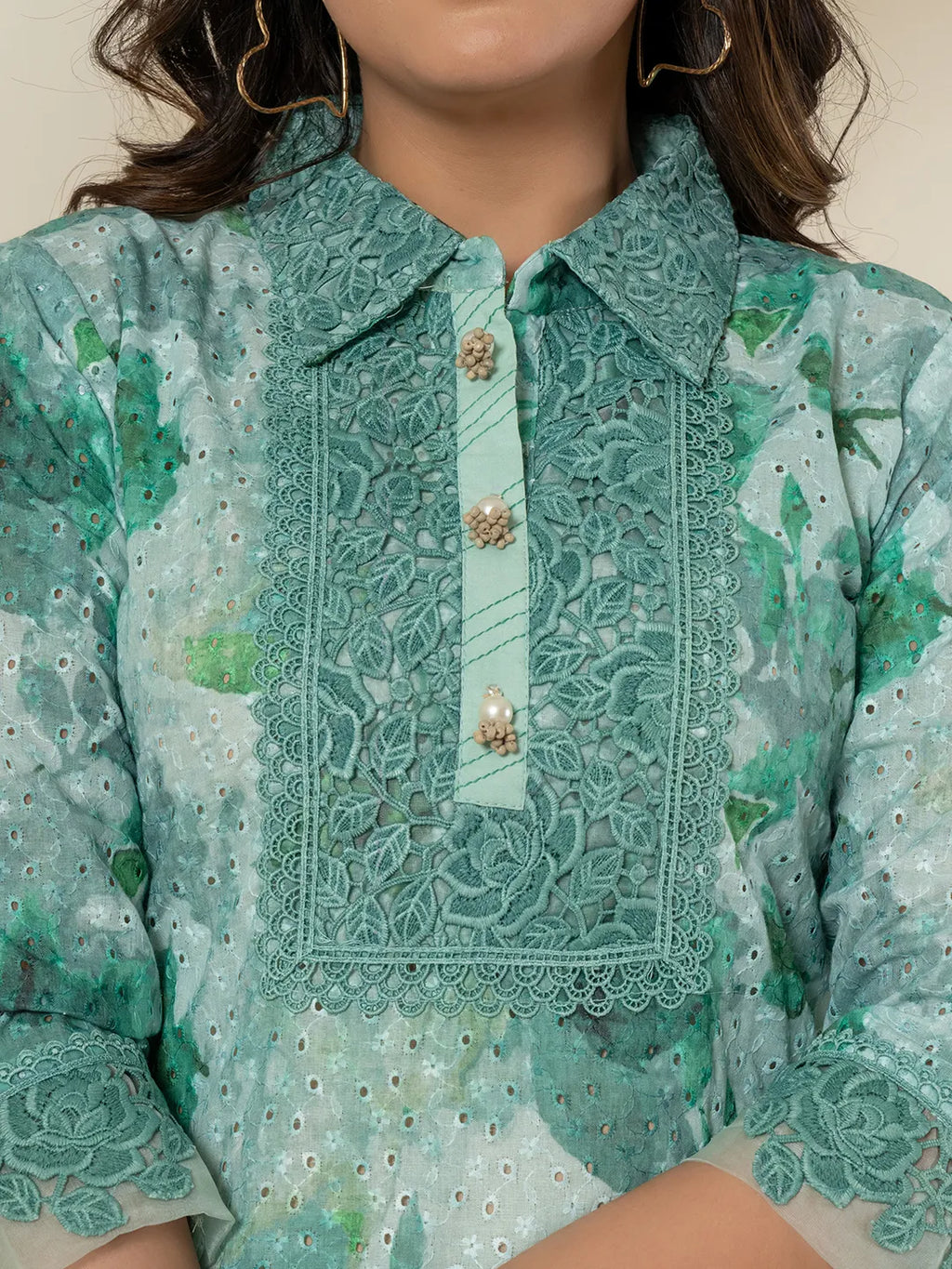 Yufta Sea Green Cotton Schiffli Co-Ord Set With Lace Detailing | Grocsy