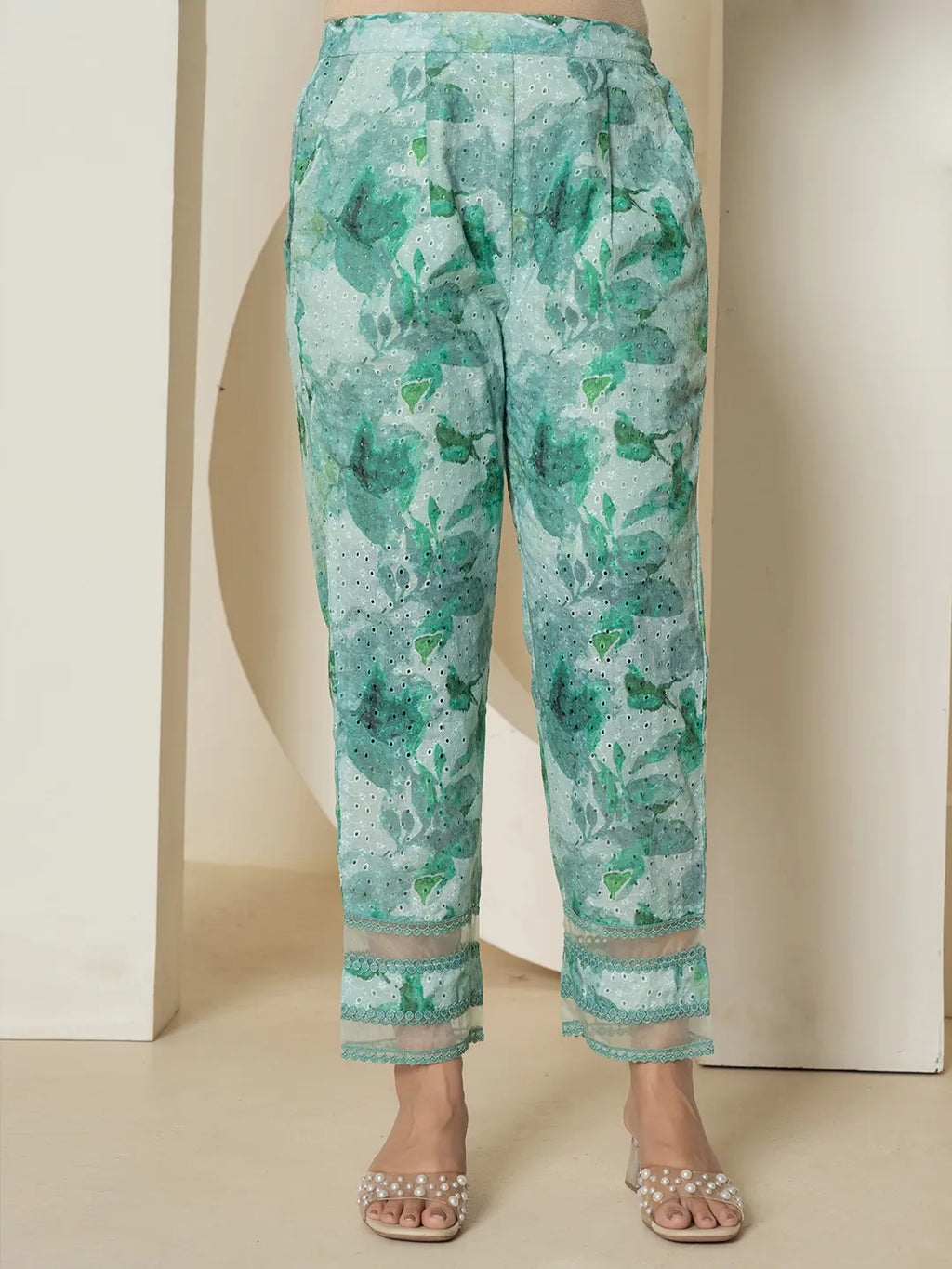 Yufta Sea Green Cotton Schiffli Co-Ord Set With Lace Detailing | Grocsy