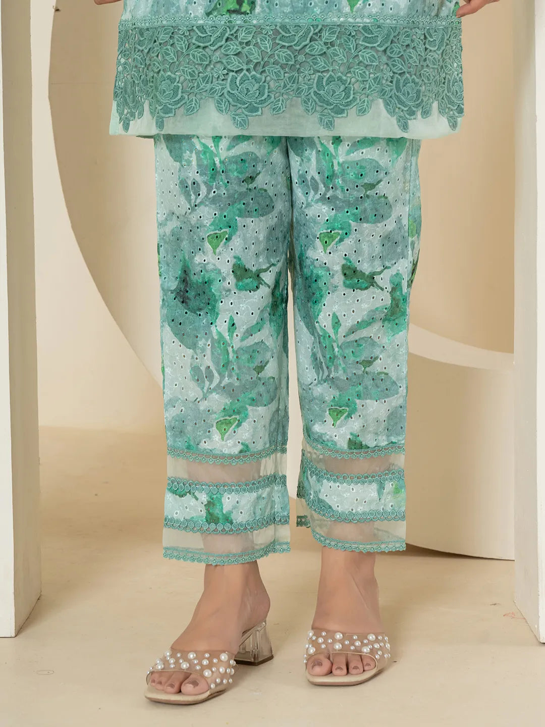 Yufta Sea Green Cotton Schiffli Co-Ord Set With Lace Detailing | Grocsy