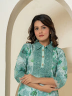 Yufta Sea Green Cotton Schiffli Co-Ord Set With Lace Detailing | Grocsy