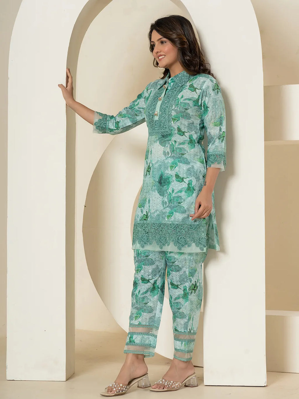 Yufta Sea Green Cotton Schiffli Co-Ord Set With Lace Detailing | Grocsy
