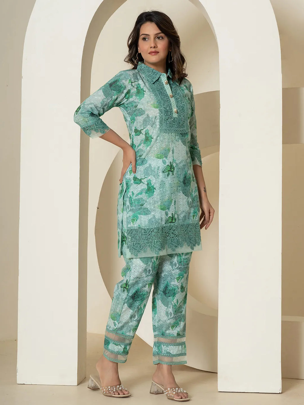 Yufta Sea Green Cotton Schiffli Co-Ord Set With Lace Detailing | Grocsy